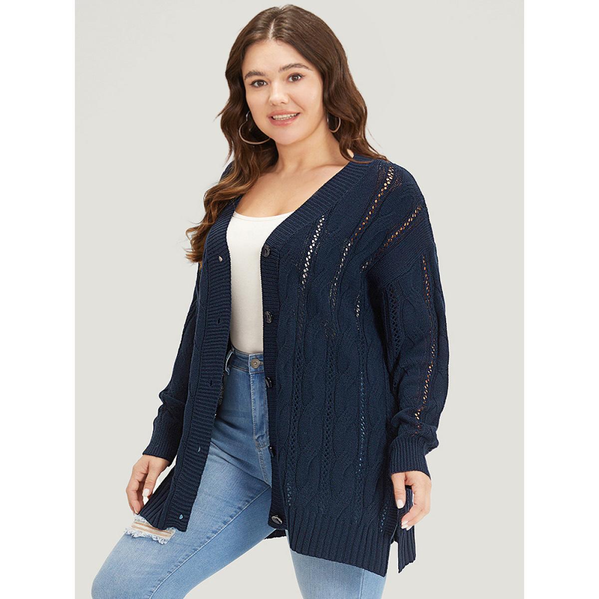 Plus Size Plain Button Up Cable Knit Split Side Cardigan Indigo Women Casual Loose Long Sleeve Everyday Cardigans BloomChic 28/5X Product Image