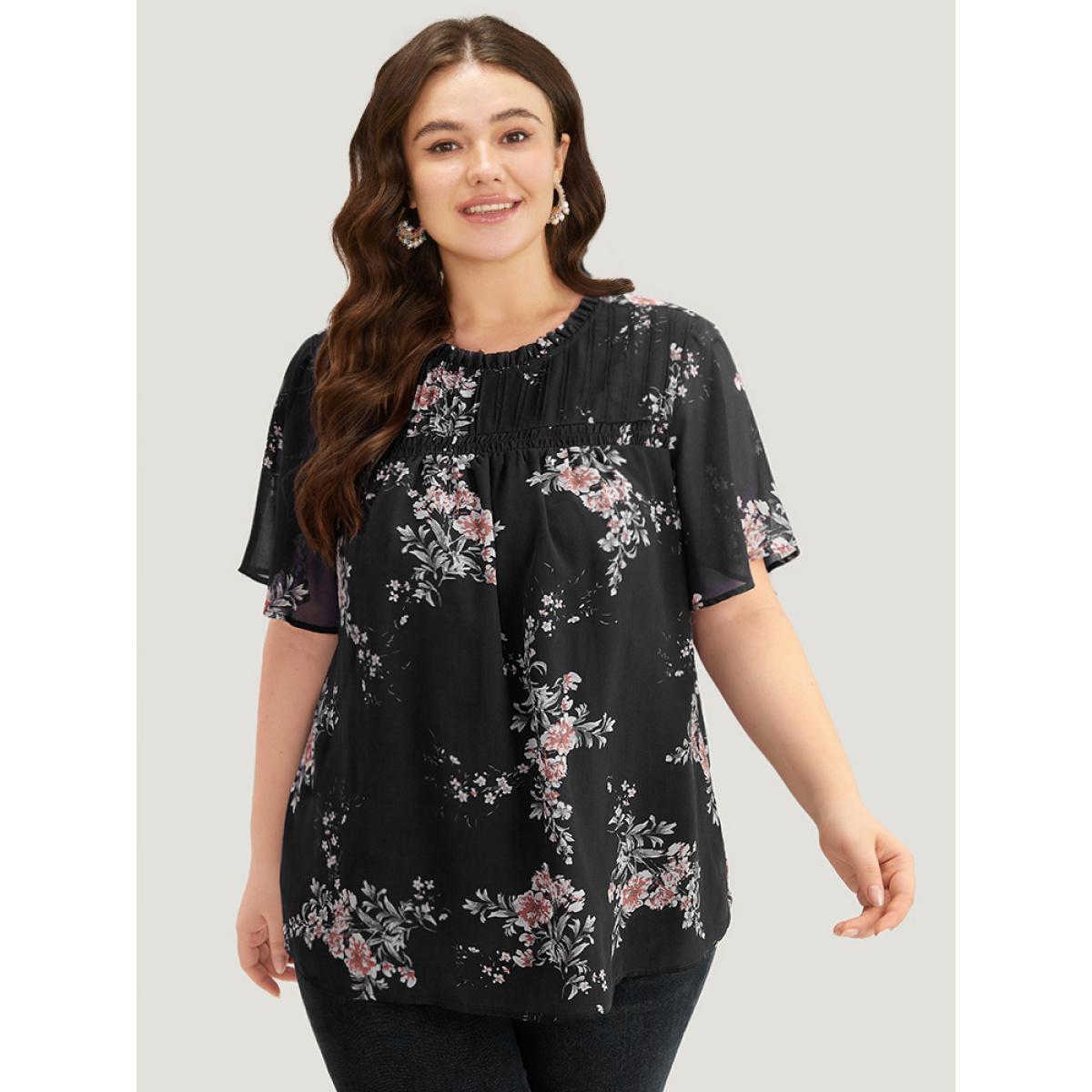 Plus Size Indigo Floral Print Frill Trim Shirred Flutter Sleeve Blouse Women Elegant Short sleeve Round Neck Dailywear Blouses BloomChic 26/4X Product Image