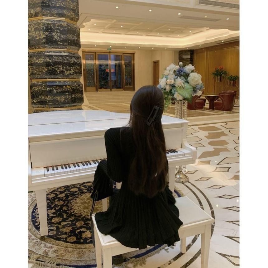 Long-Sleeve Crew Neck Plain Cutout Pleated Mini A-Line Knit Dress Product Image