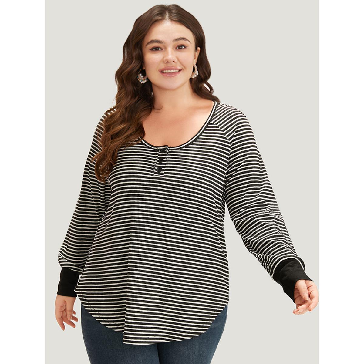 Plus Size Striped Button Up Curved Hem Patchwork T-shirt Black Women Casual Elastic cuffs Striped Open Front Dailywear T-shirts BloomChic 28/5X Product Image
