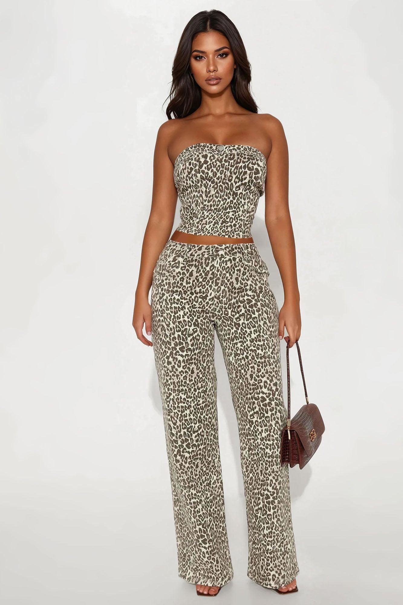Wild Instincts Denim Leopard Pant Set - Leopard Female Product Image