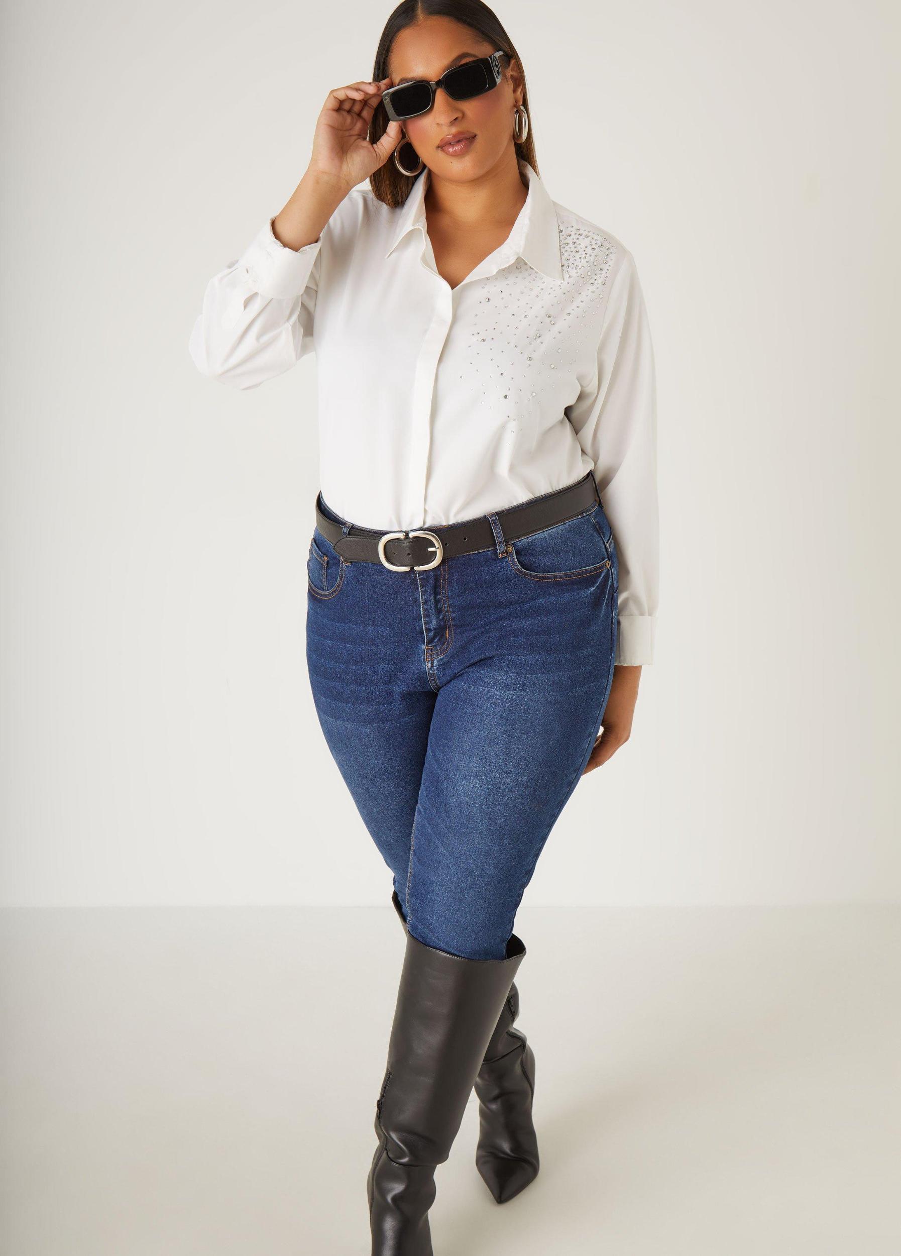 Plus Size Crystal Embellished Poplin Shirt Ashley Stewart Product Image