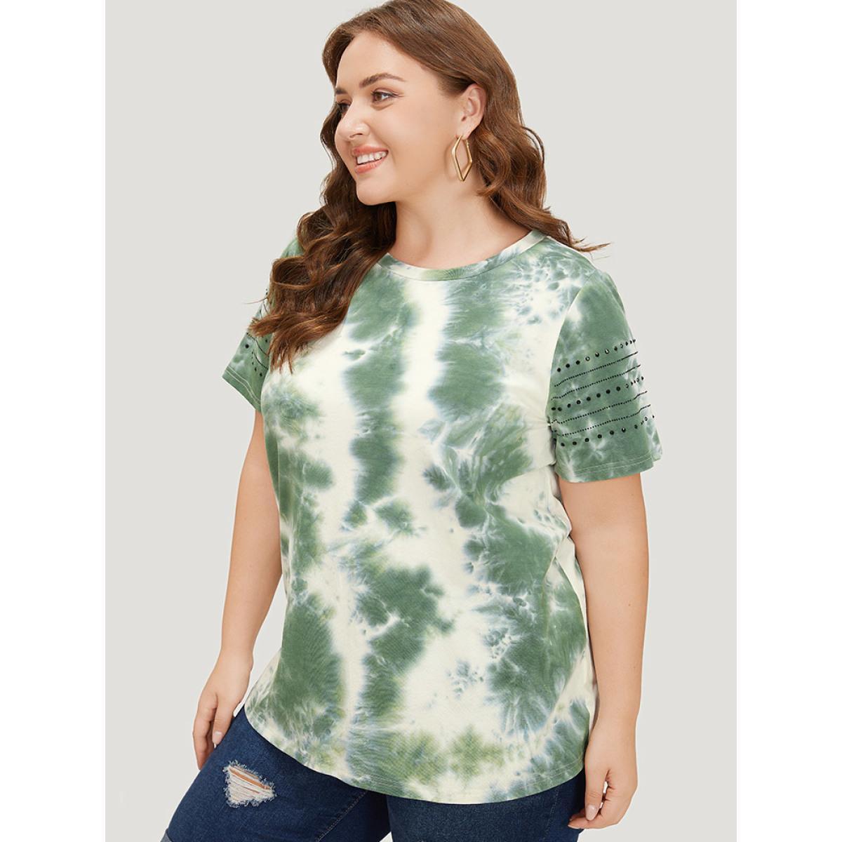 Plus Size Tie Dye Crew Neck Rivet Detail T-shirt Green Women Casual Tie Dye Round Neck Dailywear T-shirts BloomChic 22-24/3X Product Image