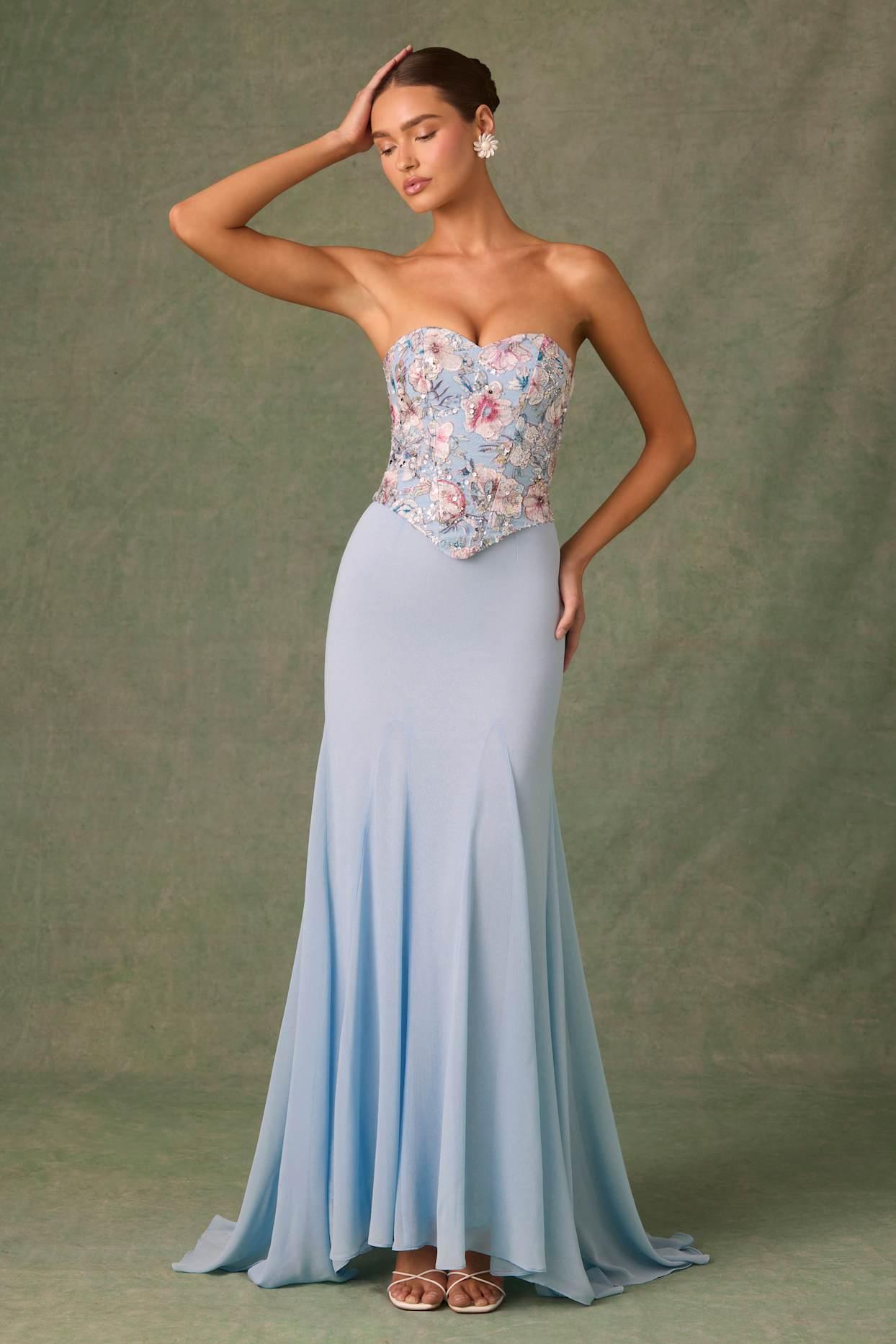 Embellished Corset Fishtail Gown in Floral Blue Product Image