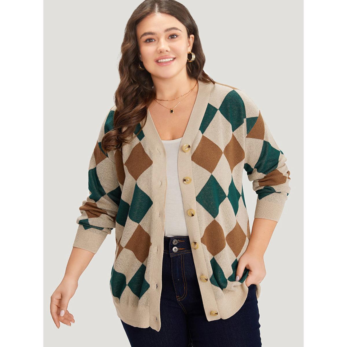 Plus Size Argyle Plaid Contrast Button Up Cardigan Multicolor Women Casual Loose Long Sleeve Dailywear Cardigans BloomChic 30/6X Product Image