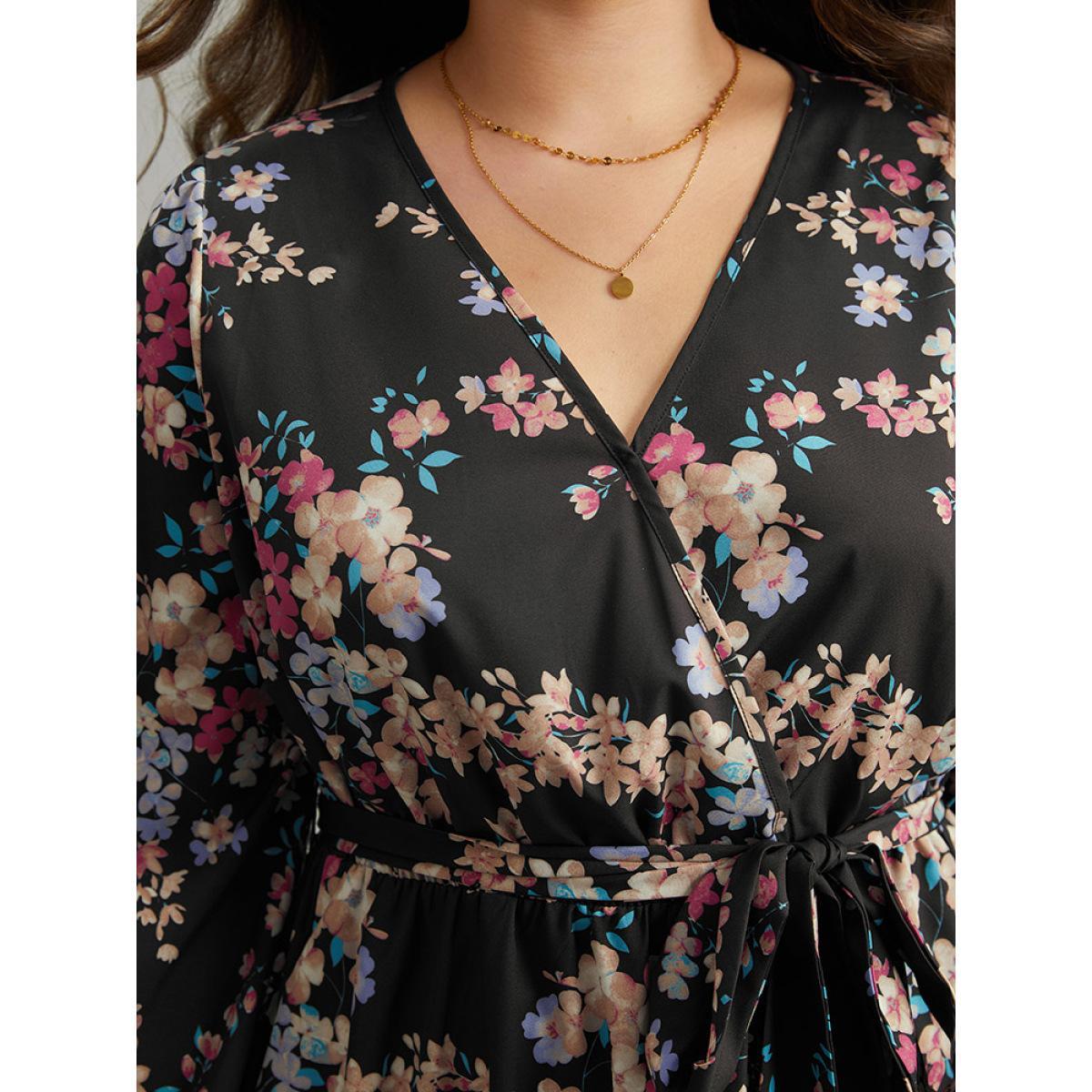 Plus Size Floral Print Overlap Collar Elastic Cuffs Dress Black Women Elegant Elastic cuffs Overlap Collar Long Sleeve Curvy Midi Dress BloomChic 18-20/2X Product Image