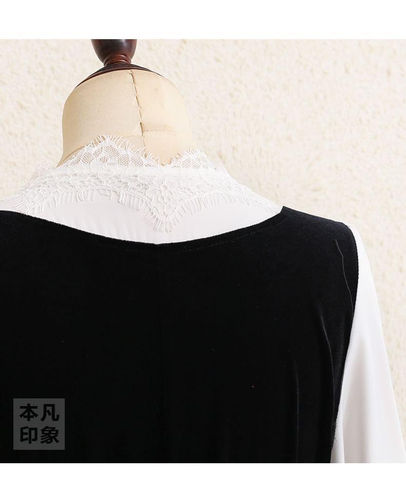 Long Sleeve V-Neck Mock Two Piece Lace Panel Velvet Midi A-Line Dress Product Image