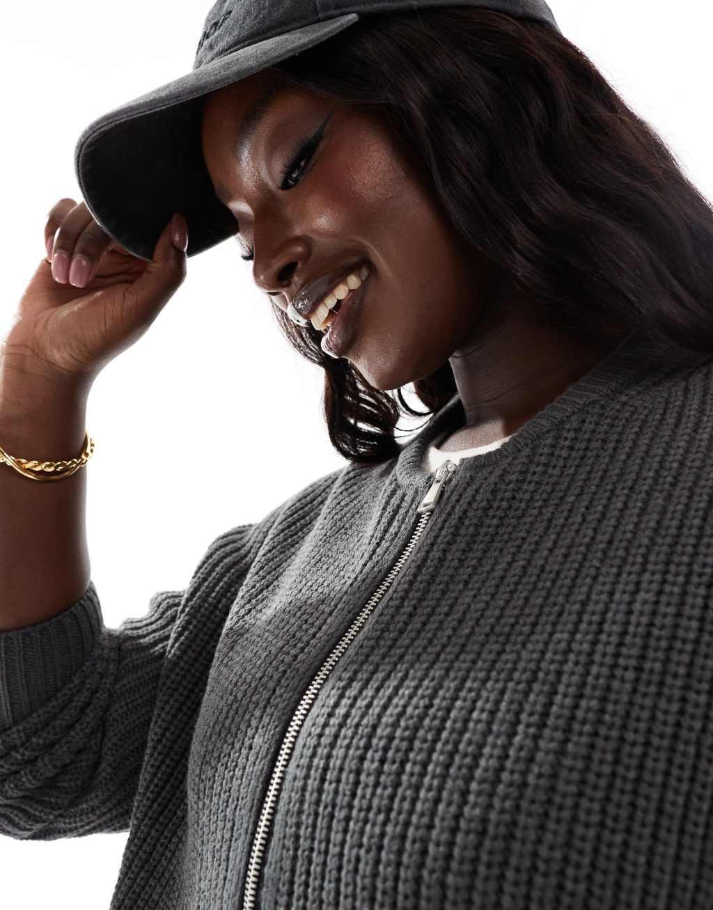 Yours ribbed cardigan with zip in charcoal  Product Image