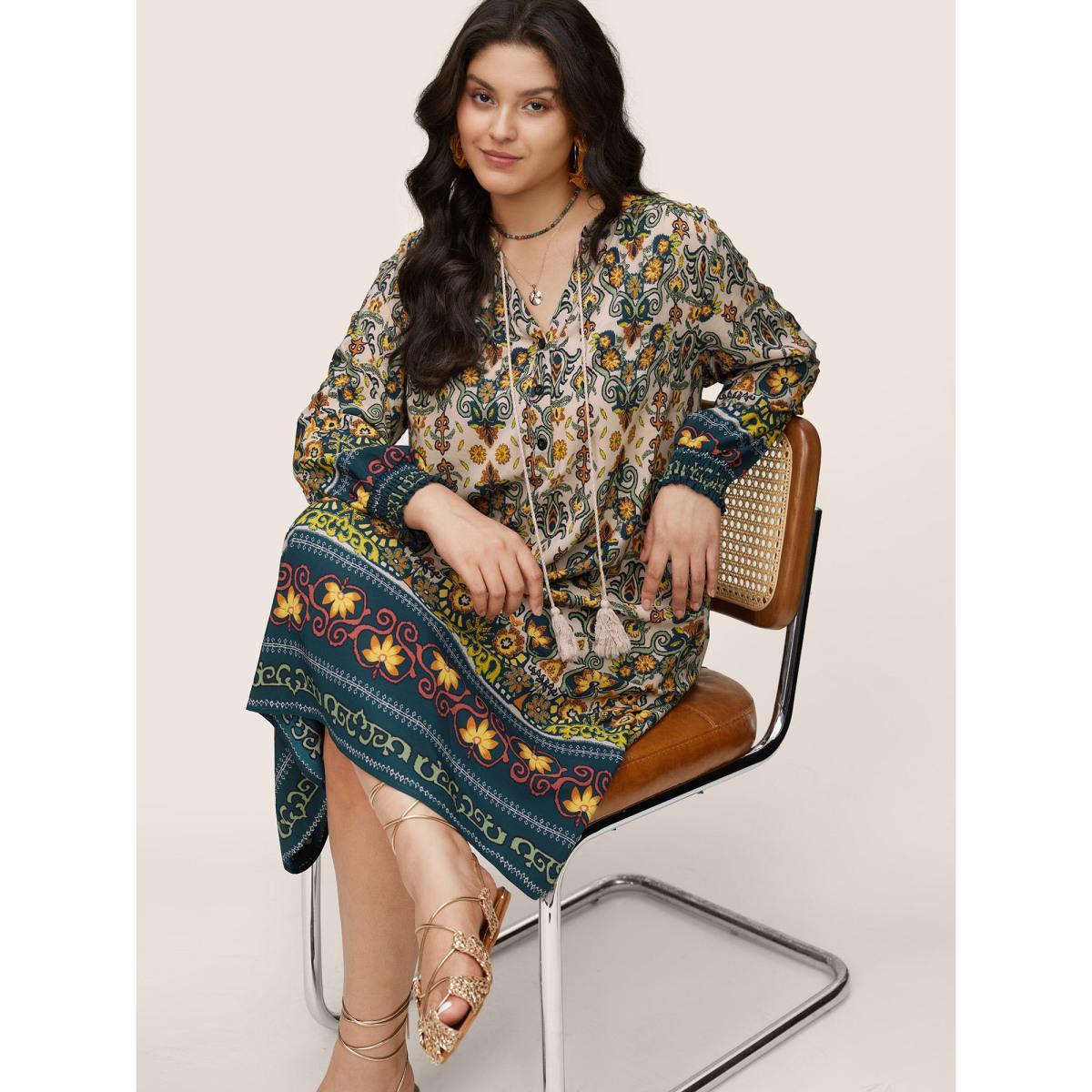 Plus Size Bandana Print Tassels Ties Shirred Cuffs Dress DarkGreen Women Vacation Tassels Tie Neck Long Sleeve Curvy Midi Dress BloomChic 30/6X Product Image