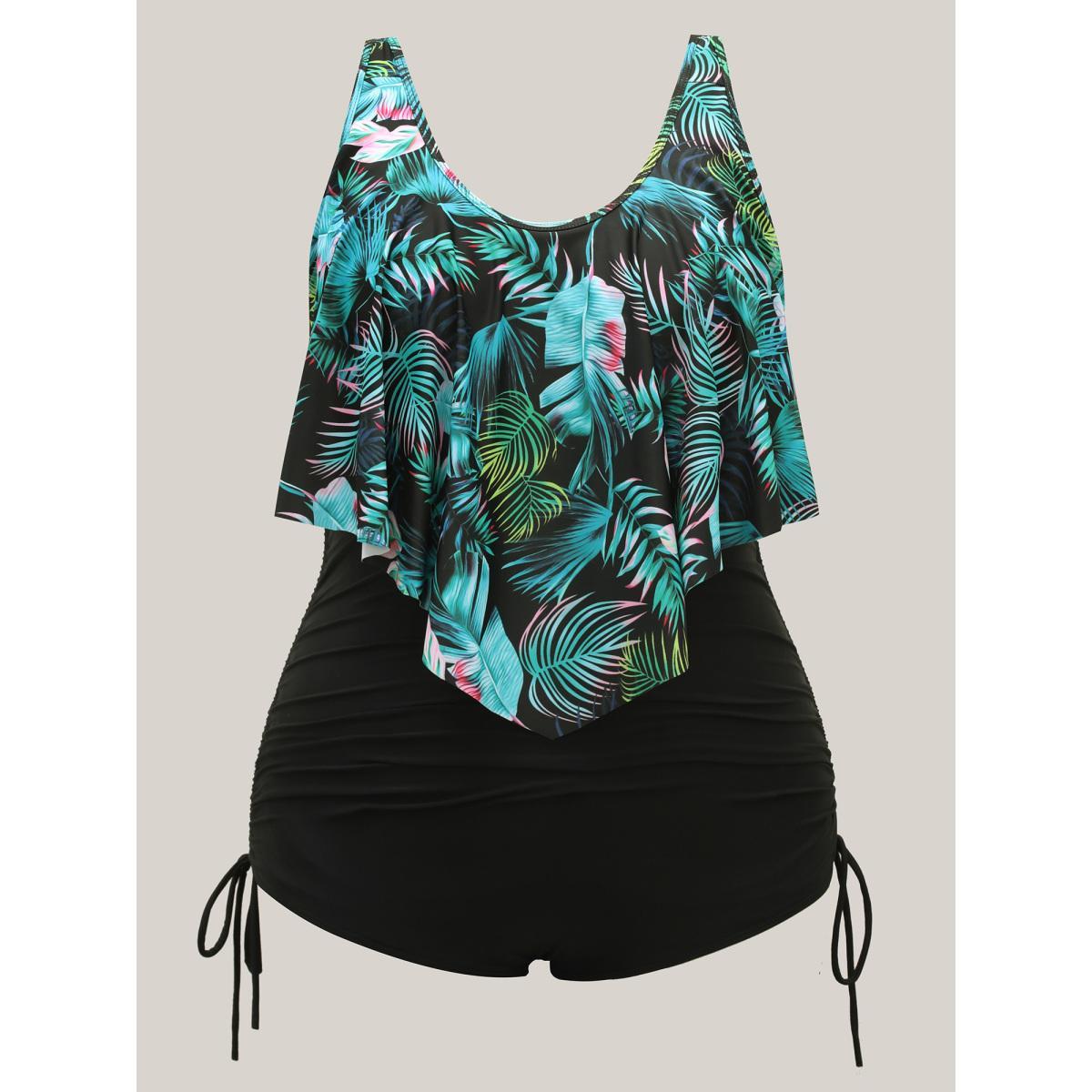 Plus Size Tropical Print Side Drawstring One-Piece Swimsuit Women's Swimwear Black Beach Drawstring Curve Bathing Suits High stretch One Pieces BloomChic 12/L Product Image