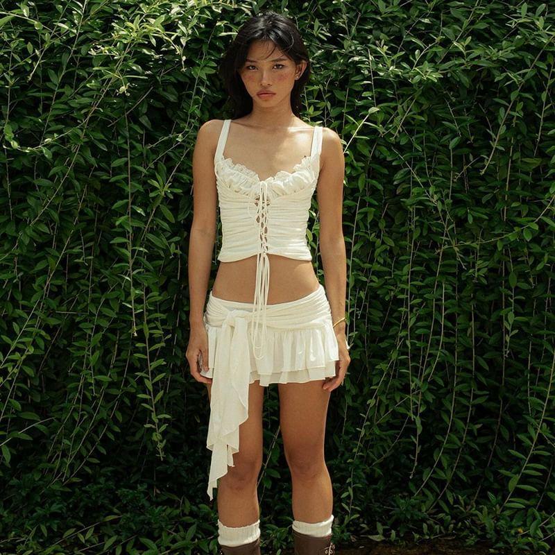 Scoop Neck Lace-Trim Plain Tie-Up Crop Tank Top / Low Waist Mini Skirt Product Image