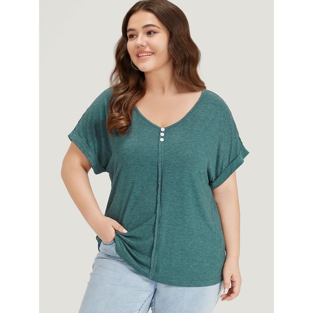 Plus Size Plain V Neck Button Detail Roll Dolman Sleeve T-shirt Cyan Women Casual Plain Plain V-neck Dailywear T-shirts BloomChic 26/4X Product Image