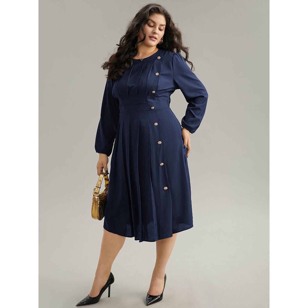 Plus Size Static-Free Metal Detail Plicated Detail Dress Navy Women Office Elastic cuffs Round Neck Long Sleeve Curvy Midi Dress BloomChic 12/L Product Image