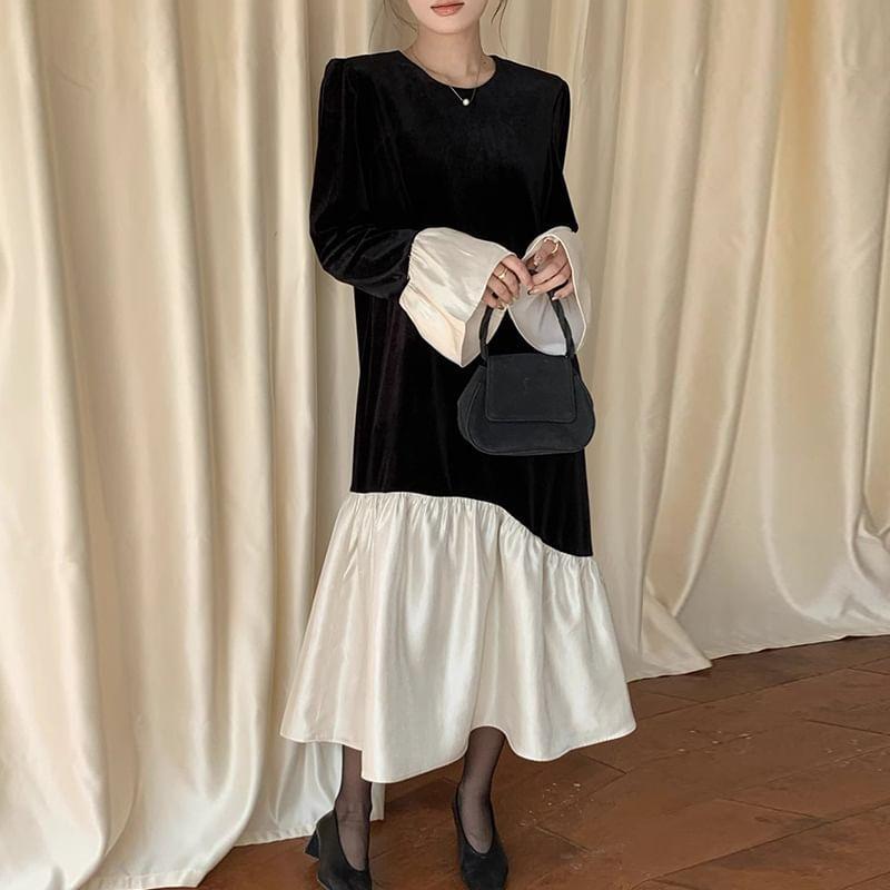 Long-Sleeve Round Neck Two Tone Ruffle Panel Velvet Midi Tunic Dress Product Image