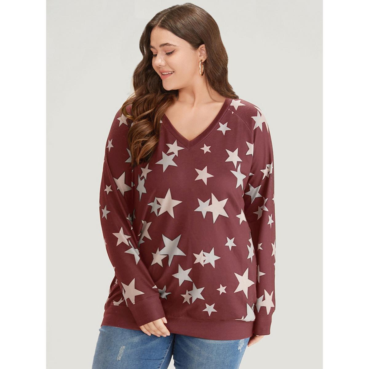 Plus Size Star Print V Neck Raglan Sleeve Sweatshirt Women Raspberry Elegant Elastic cuffs V-neck Dailywear Sweatshirts BloomChic 28/5X Product Image