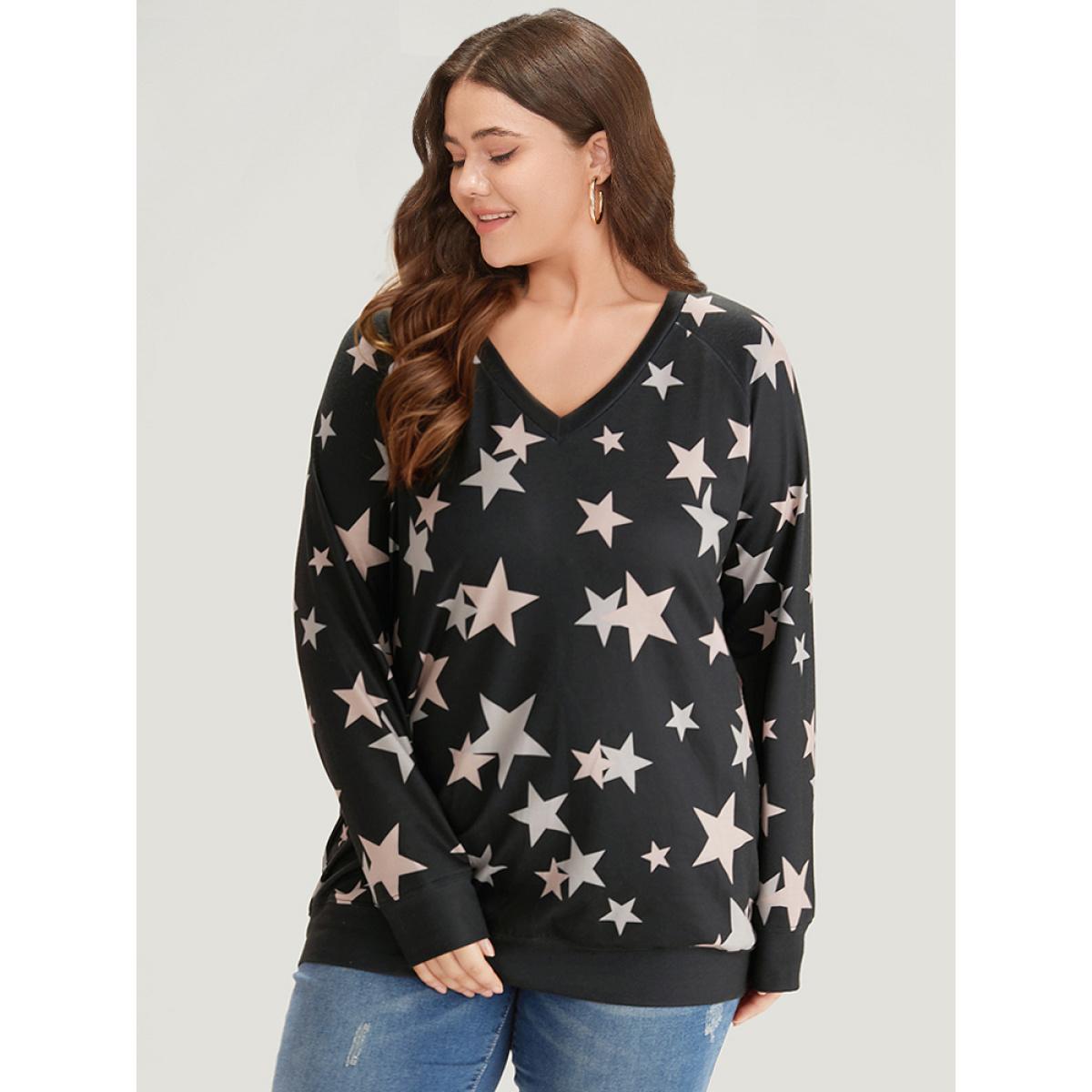 Plus Size Star Print V Neck Raglan Sleeve Sweatshirt Women Black Elegant Elastic cuffs V-neck Dailywear Sweatshirts BloomChic 30/6X Product Image