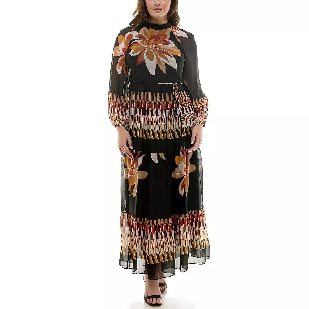 Plus Size Maison Tara Mockneck Artsy Floral Maxi Dress, Women's, Size: 22 - Regular, Black Taupe Product Image