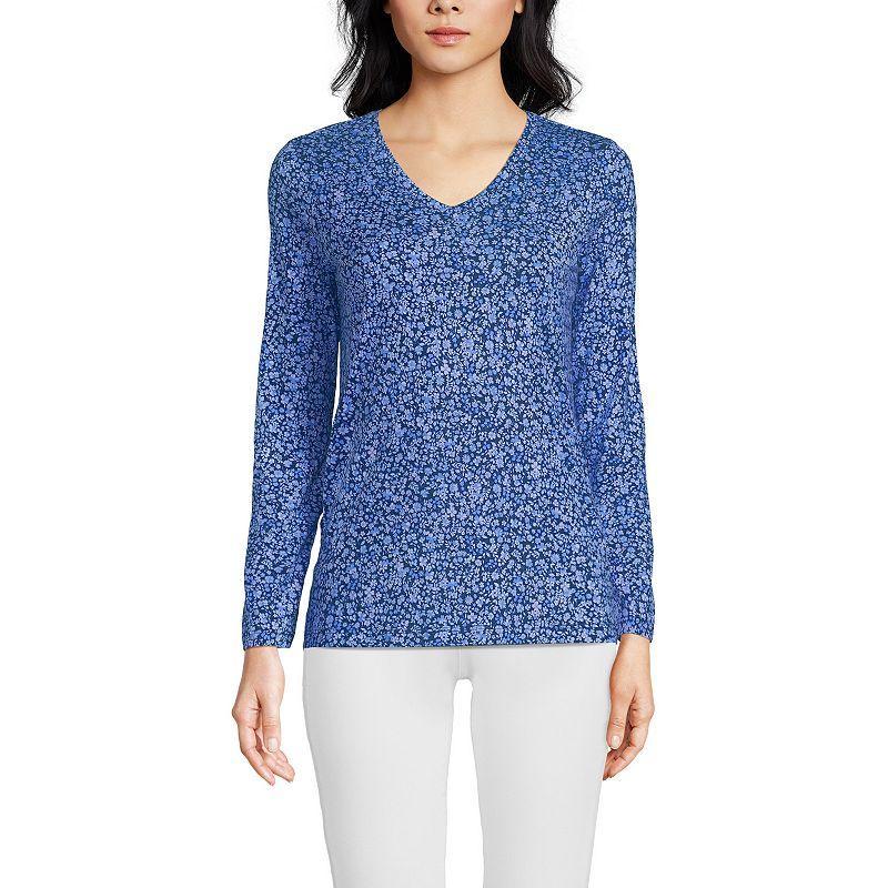 Women's Lands' End Relaxed-Fit Supima Long Sleeve Cotton V-Neck Tee, Size: Small, Deep Blue Flowers Product Image