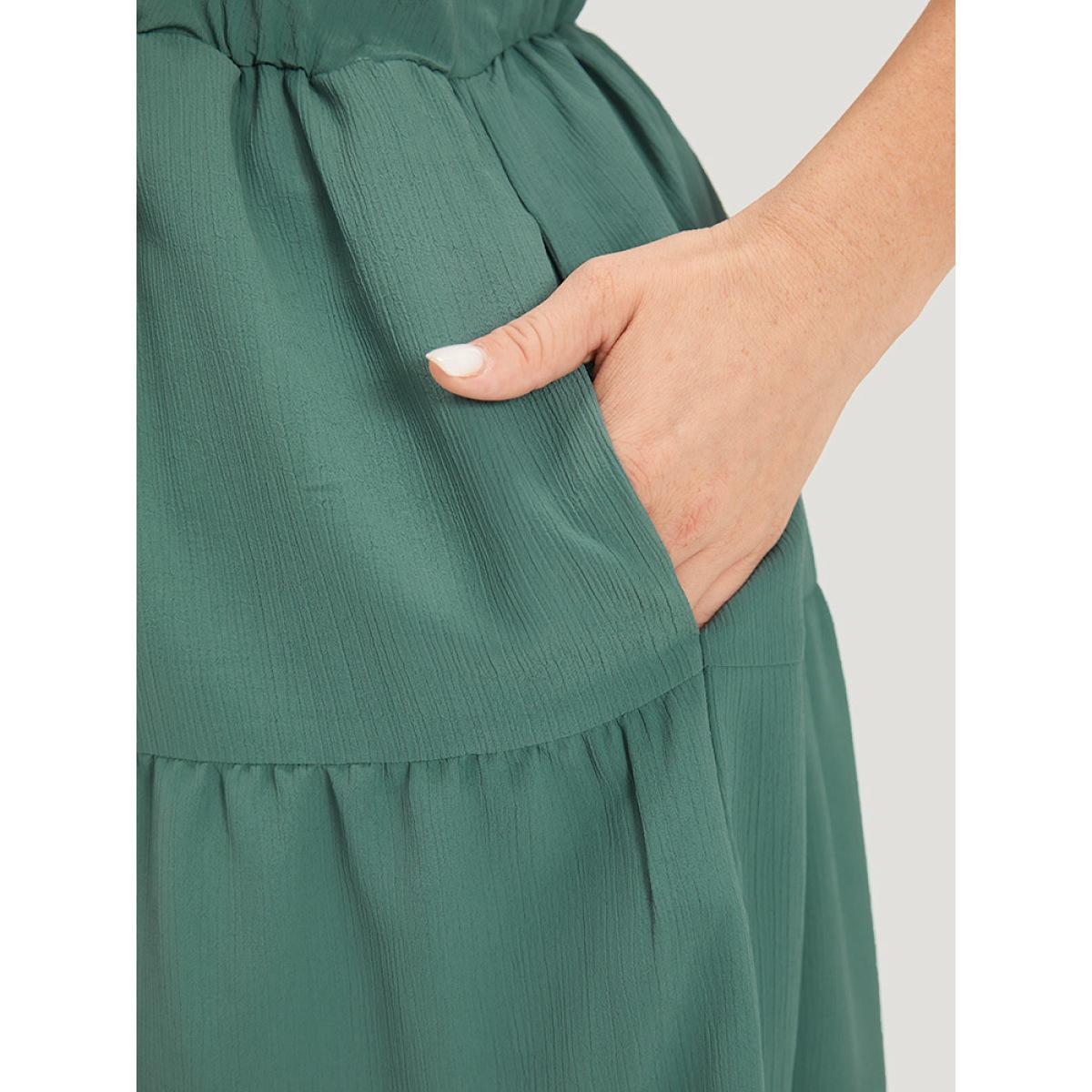 Plus Size Plain Button Detail Ruffle Layered Hem Gathered Tank Dress Teal Women Elegant Patchwork V-neck Sleeveless Curvy Knee Dress BloomChic 22-24/3X Product Image