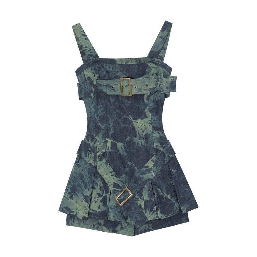 Detachable Strap Tie Dye Washed Pleated Belted Mini A-Line Denim Dress / Plain Bolero Product Image