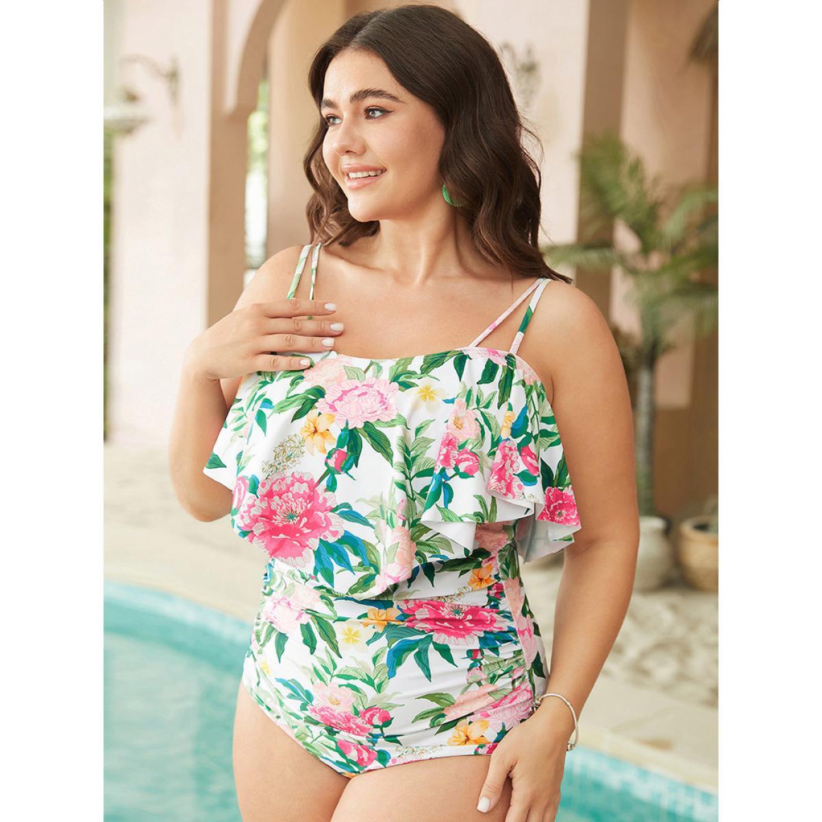 Plus Size Floral Ruched Detail Ruffle Trim Cami One Piece Swimsuit Women's Swimwear White Vacation Adjustable Straps Curve Bathing Suits High stretch One Pieces BloomChic 26/4X Product Image