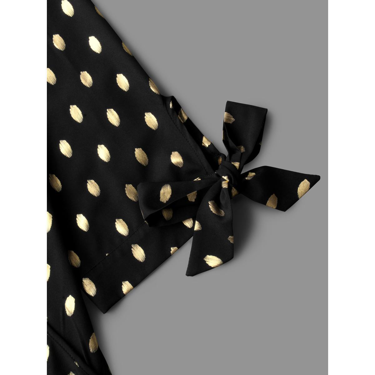 Plus Size Black Glitter Overlap Collar Tie Knot Blouse Women Cocktail Elbow-length sleeve Overlap Collar Party Blouses BloomChic 10/M Product Image