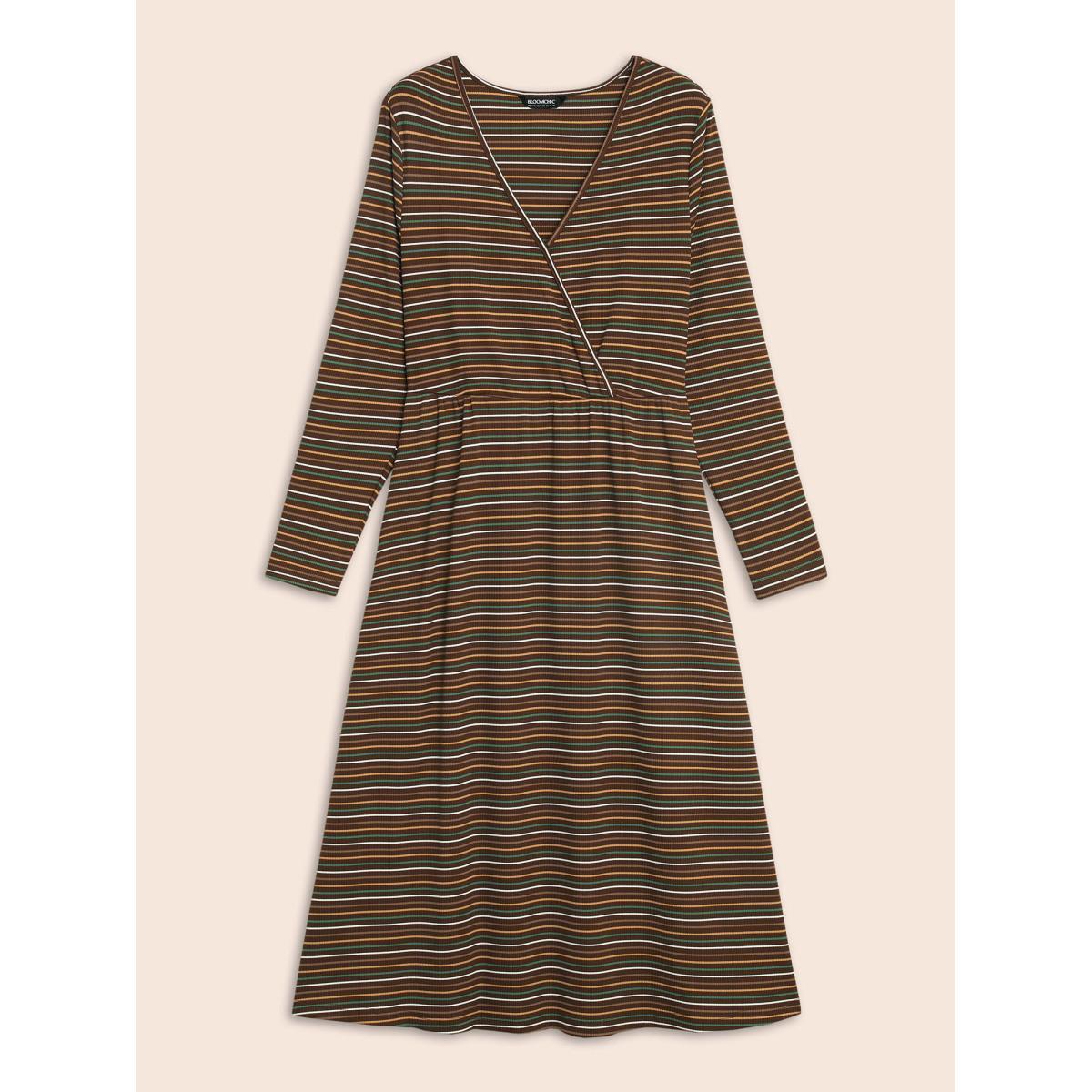Plus Size Striped Overlap Collar Midi Dress Browncoffeecolor Women Elegant Texture Overlap Collar Long Sleeve Curvy BloomChic 28/5X Product Image