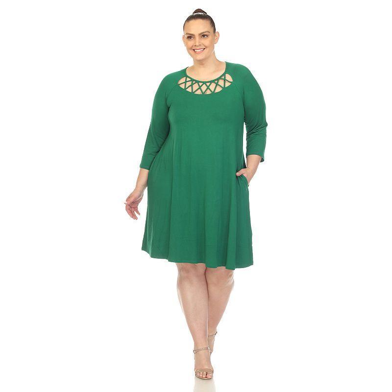 White Mark Plus Size Criss Cross Neckline 3/4 Sleeve Swing Dress Product Image