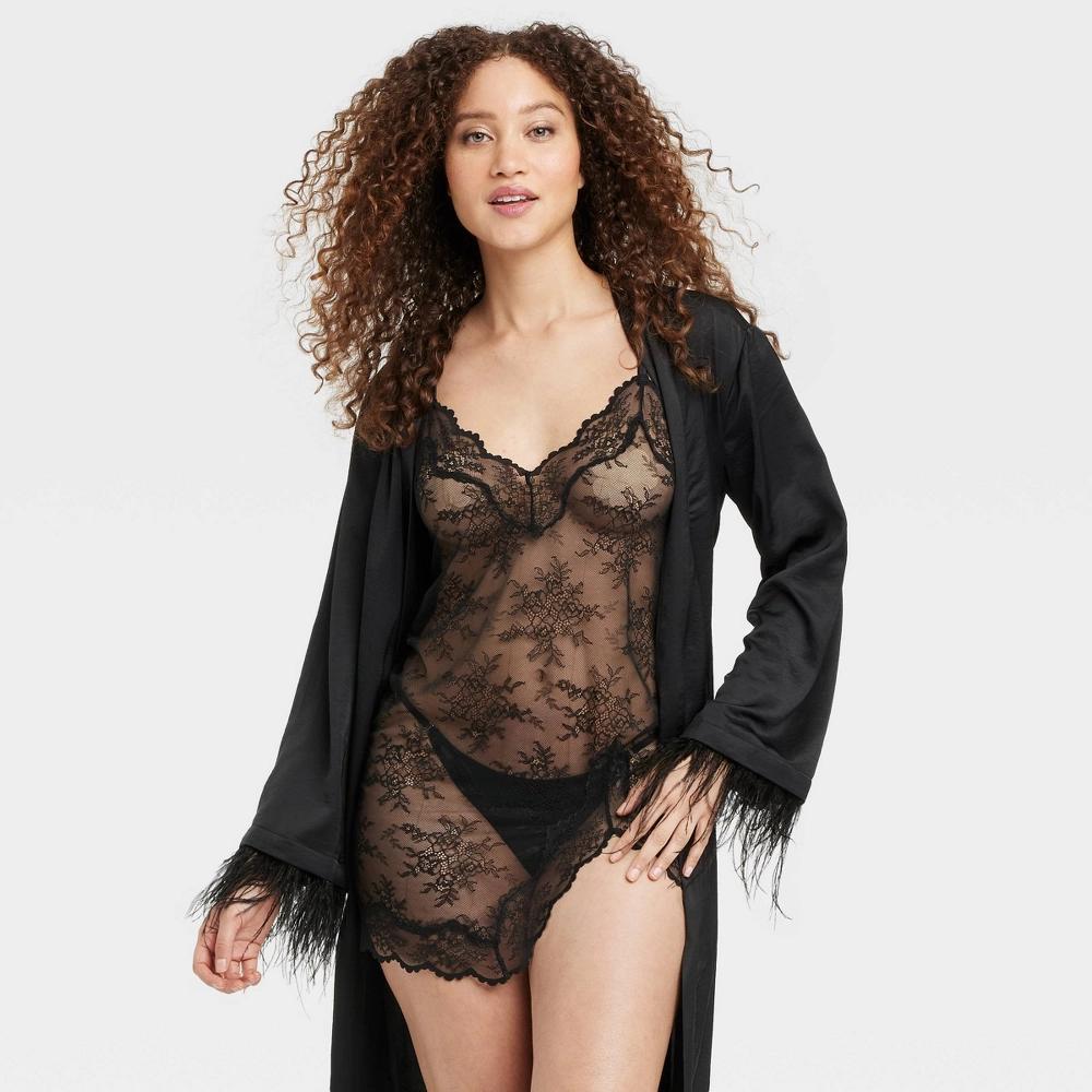 Women's Allover Lace Lingerie Slip Dress - Auden™ Black S: V Back, Adjustable Strap, Above Knee Length Product Image