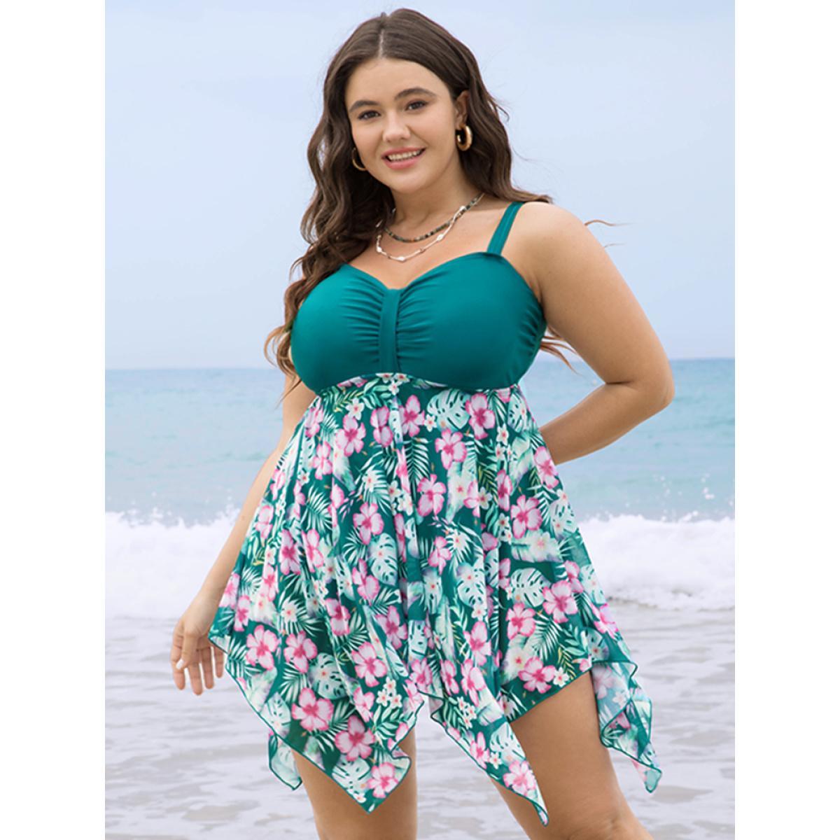 Plus Size Hanky Hem Ruched A Line Floral Patchwork Swim Dress Women's Swimwear Green Vacation Bodycon High stretch Curve Swim Dresses BloomChic 30/6X Product Image