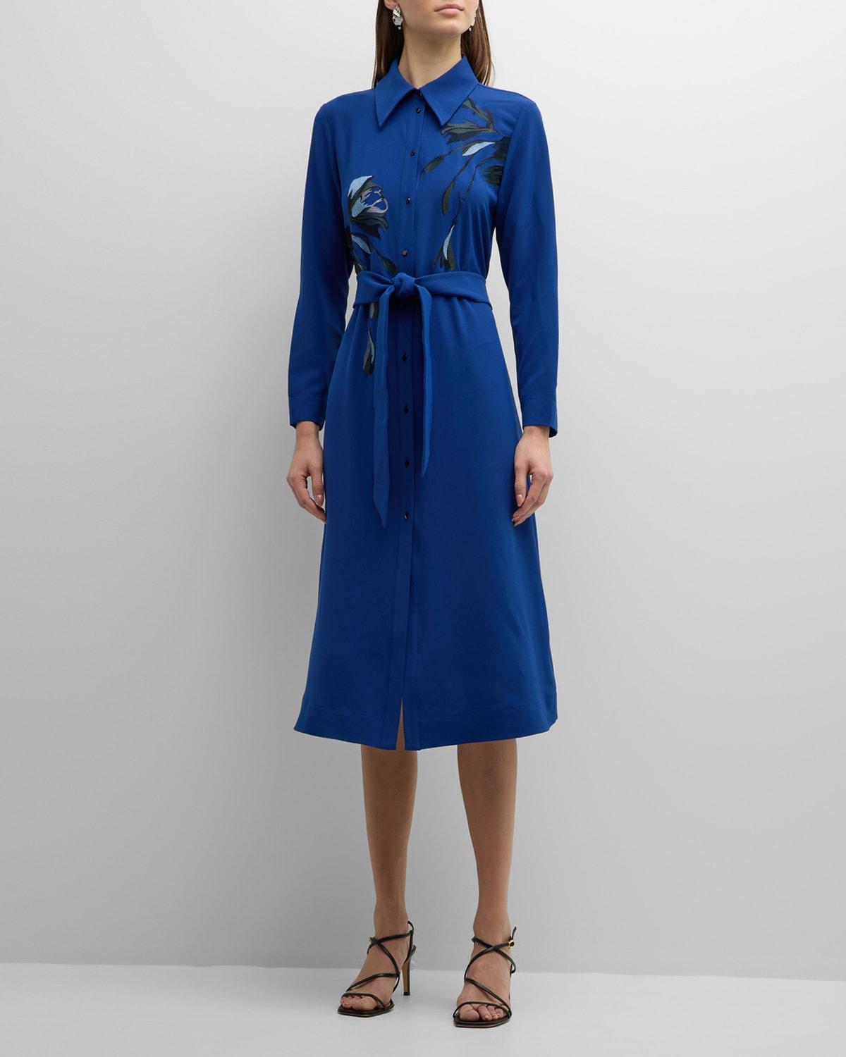 Womens Floral Embroidered Tie-Waist Shirtdress Product Image
