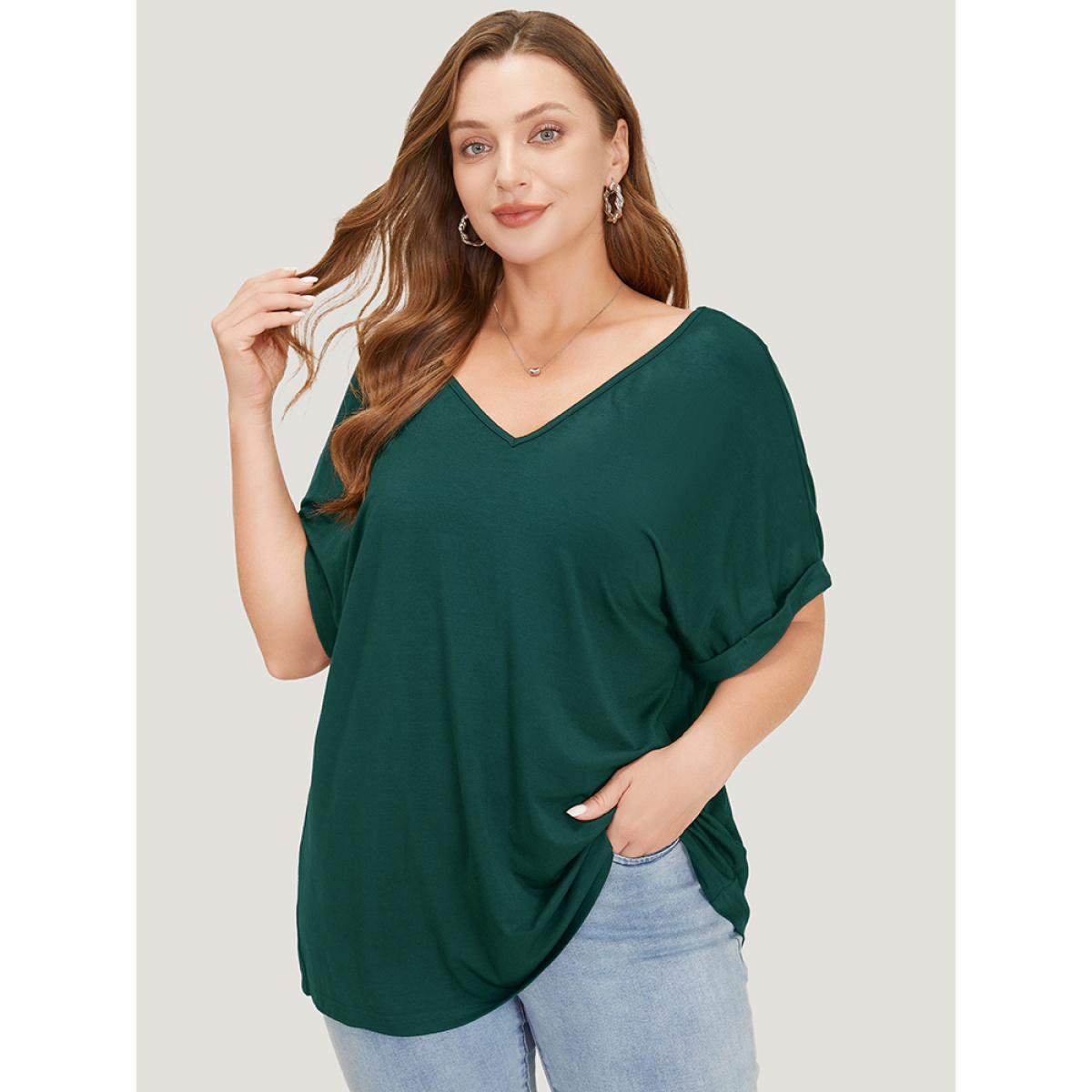 Plus Size Solid Backless Roll Sleeve Cut Out T-shirt Green Women Elegant Cut-Out Plain V-neck Dailywear T-shirts BloomChic 12/L Product Image