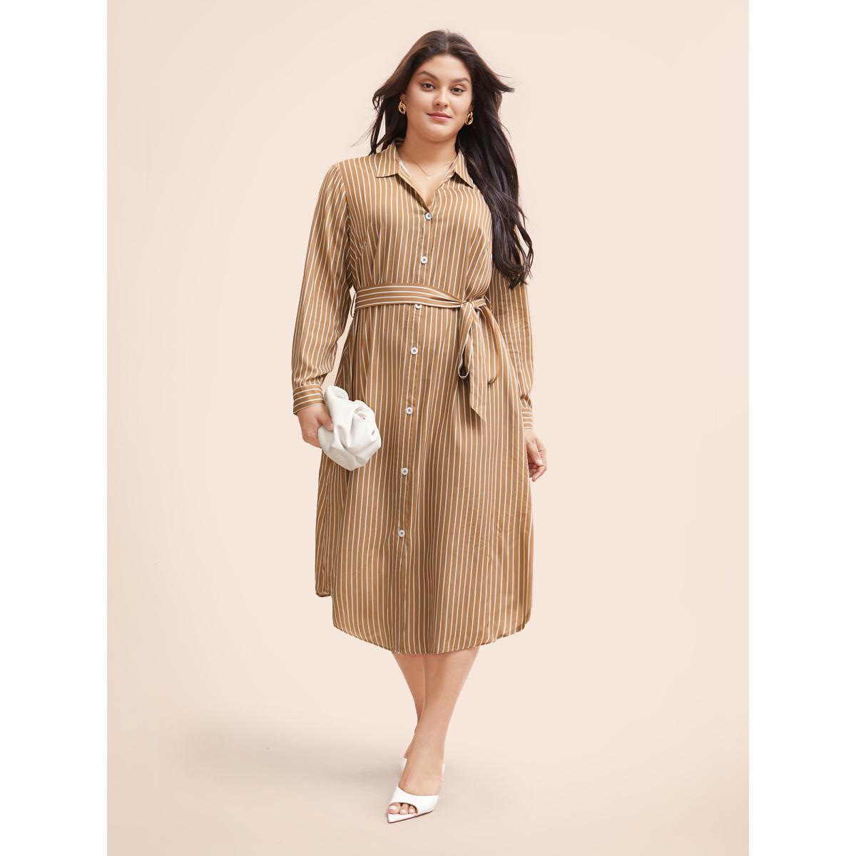 Plus Size Striped Shirt Collar Curved Hem Midi Dress LightBrown Women Workwear Essentials Belted Shirt collar Long Sleeve Curvy BloomChic 22-24/3X Product Image