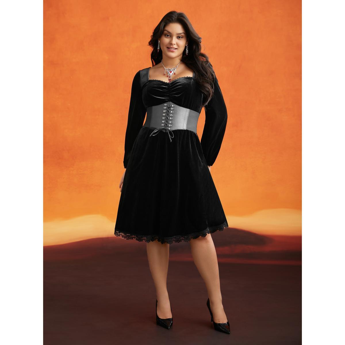 Plus Size Spellbound Velvet Sweetheart Neckline Midi Dress Black Women Cocktail Woven ribbon&lace trim Party Curvy Bloomchic 26/4X Product Image