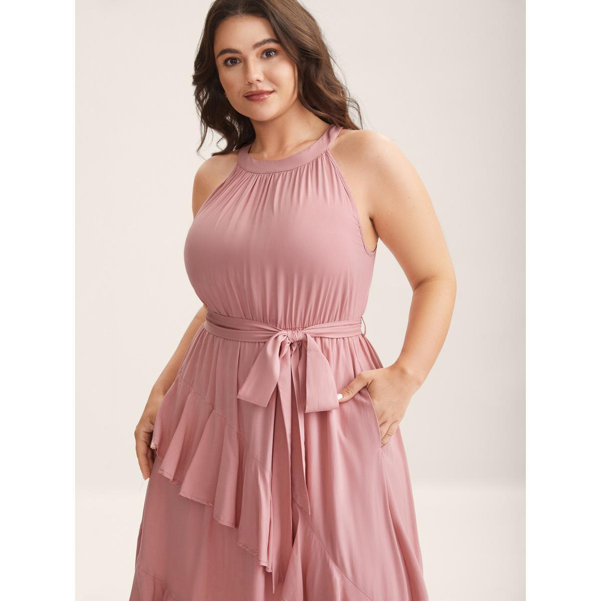 Plus Size Ruffled Halter Neck Solid Midi Dress Watermelon Women Halter neck Sleeveless Curvy BloomChic 30/6X Product Image