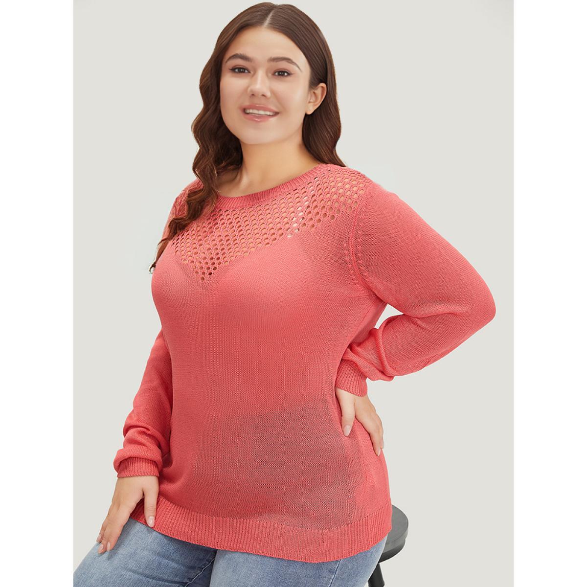 Plus Size Plain Patchwork Cut Out Round Neck Pullover Watermelon Women Casual Bodycon Long Sleeve Round Neck Everyday Pullovers BloomChic 28/5X Product Image