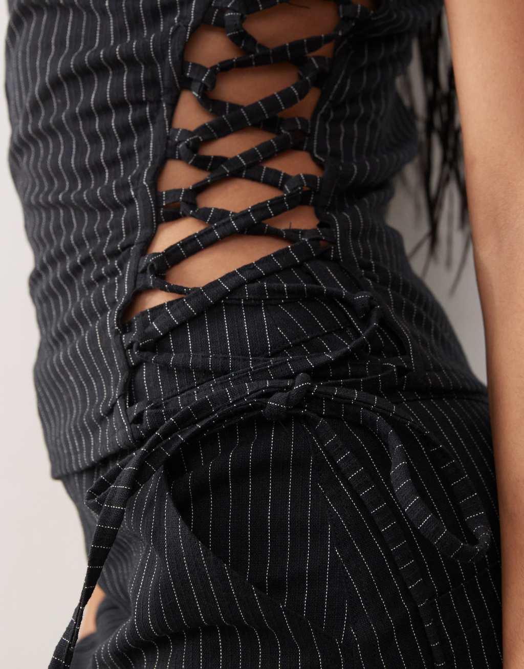 COLLUSION slash neck top with lace-up detail in black pinstripe - part of a set Product Image