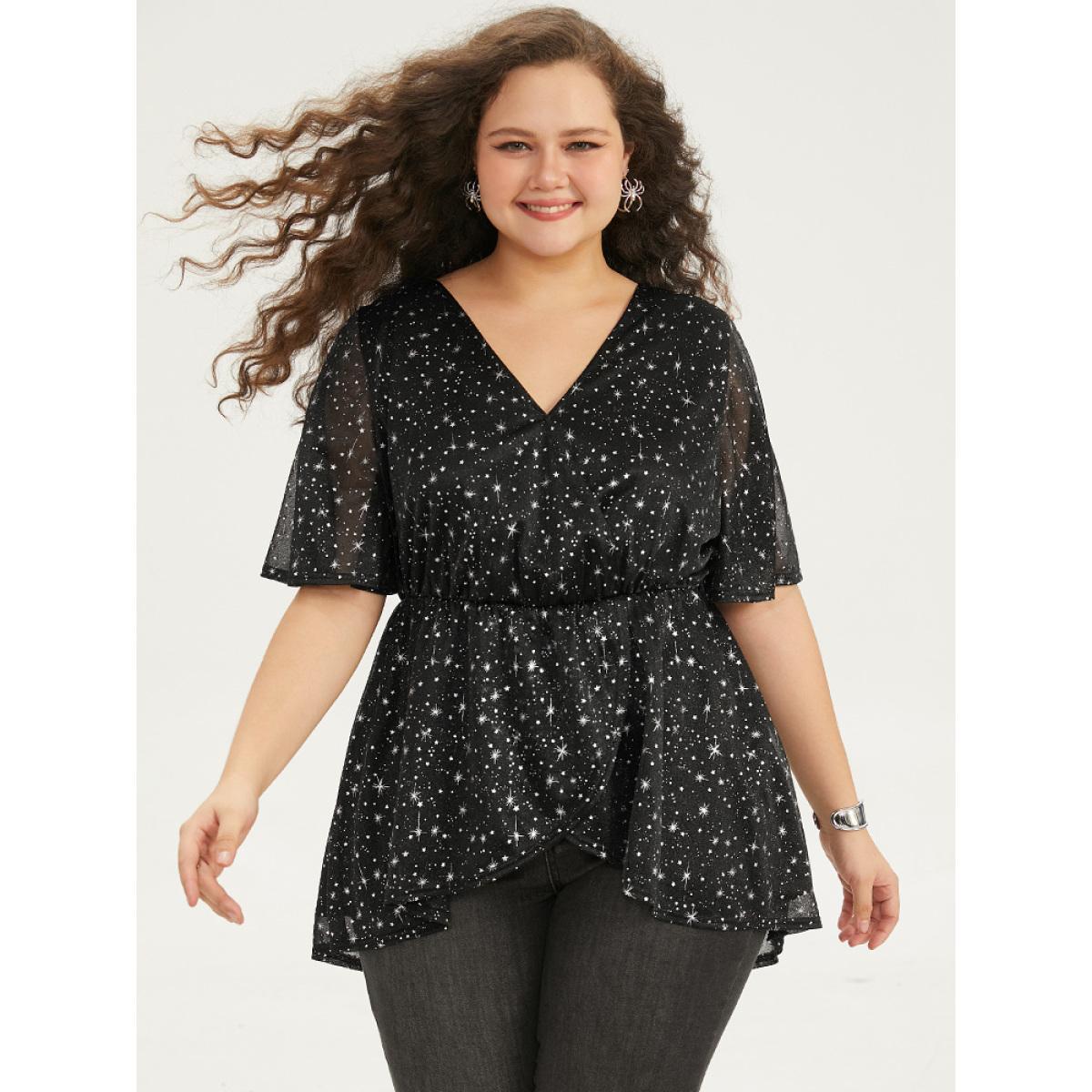 Plus Size Black Halloween Star Glitter Wrap Mesh Flutter Sleeve Blouse Women Elegant Short sleeve V-neck Festival-Halloween Blouses BloomChic 18-20/2X Product Image