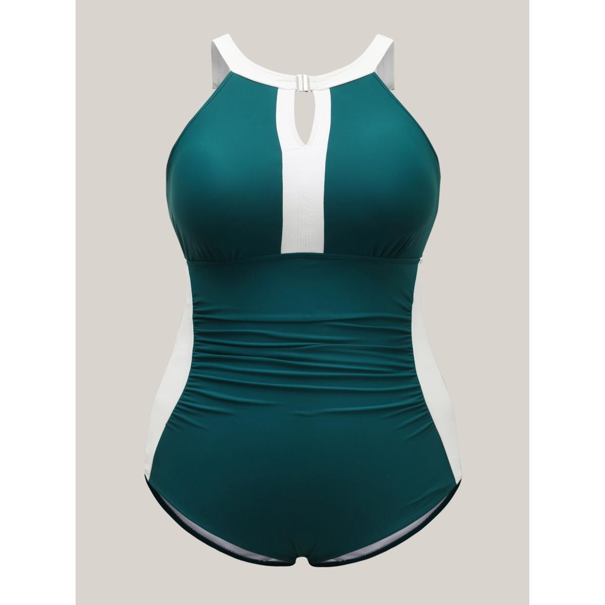 Plus Size Color Block Keyhole One-Piece Swimsuit Women's Swimwear Teal Beach Gathered Curve Bathing Suits High stretch One Pieces BloomChic 12/L Product Image