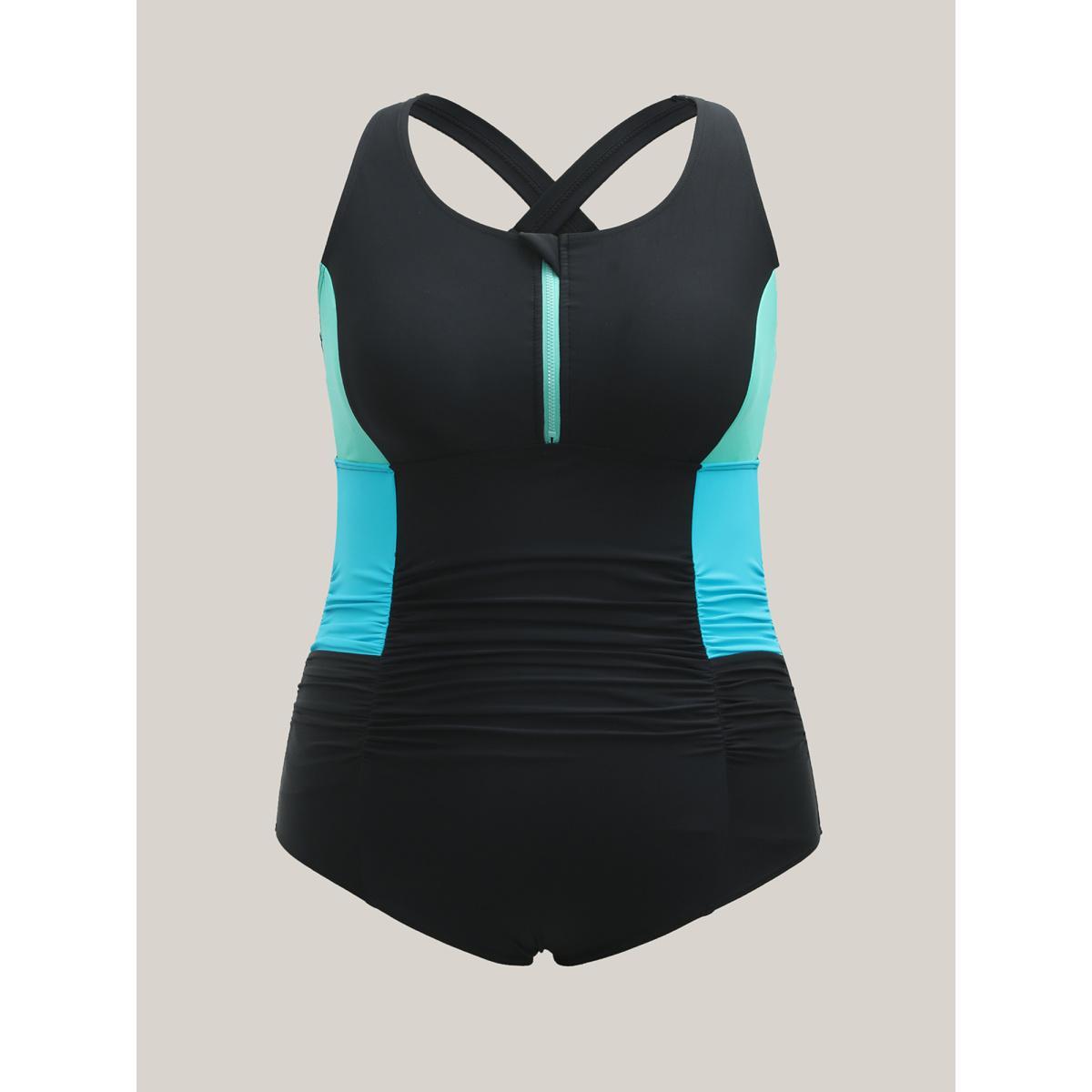 Plus Size Color Block Zipper Front One-Piece Swimsuit Women's Swimwear Black Beach Gathered Curve Bathing Suits High stretch One Pieces BloomChic 30/6X Product Image