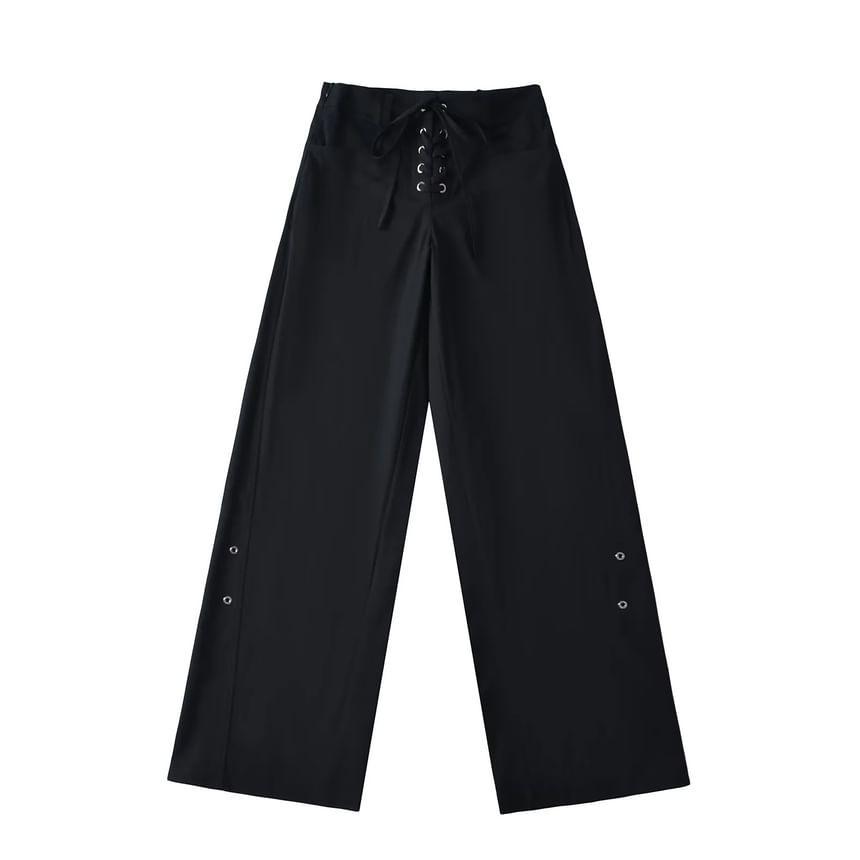 Mid Rise Plain Lace-Up Flared Pants Product Image