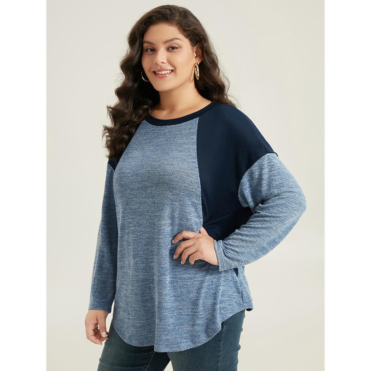 Plus Size Heather Patchwork Round Neck Curved Hem T-shirt Blue Women Elegant Contrast Plain Round Neck Dailywear T-shirts BloomChic 28/5X Product Image