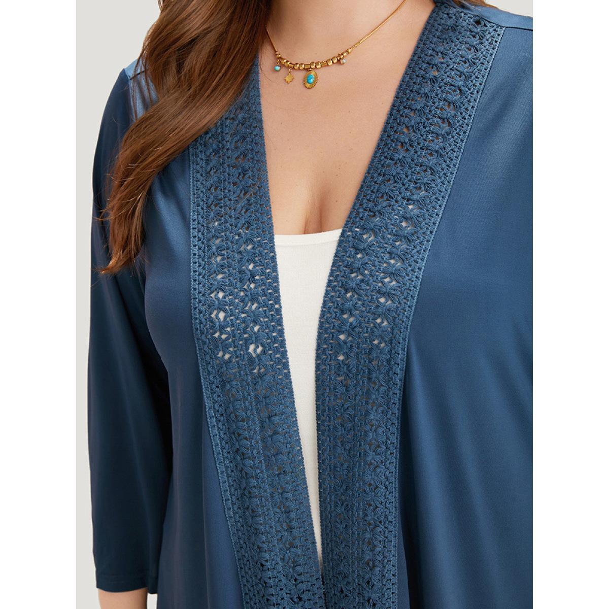 Plus Size Supersoft Essentials Plain Lace Patchwork Open Front Kimono Women DarkBlue Casual Plain Dailywear Kimonos BloomChic 14-16/1X Product Image