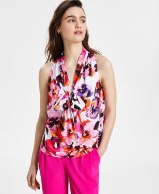 Bar Iii Womens Floral-Print Sleeveless Tie-Neck Top, Created for Macys - Blanc Product Image