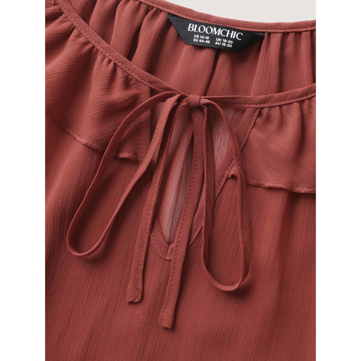 Plus Size Rust Sheer Ruffled Neck Flowy Solid Blouse Women Extra Long Sleeve Notched collar Vacation Blouses BloomChic 14-16/1X Product Image