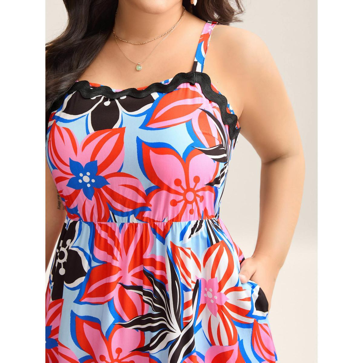 Plus Size Rayon Tropical Print Spliced Webbed Midi Dress Multicolor Women Square Neck Sleeveless Curvy BloomChic 10/M Product Image