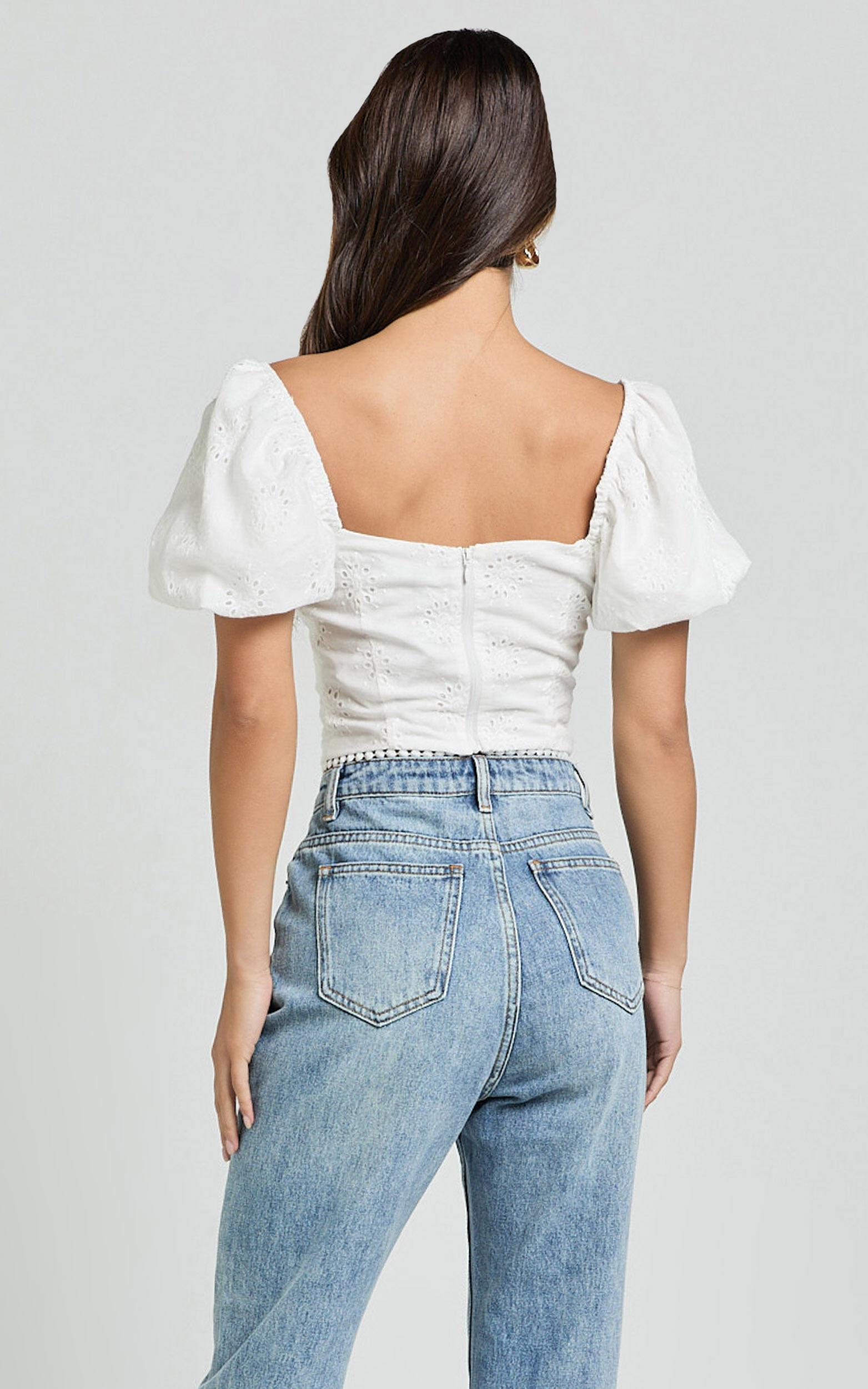 Pixie Top - Sweetheart Puff Sleeve Embroidery Top in White Product Image
