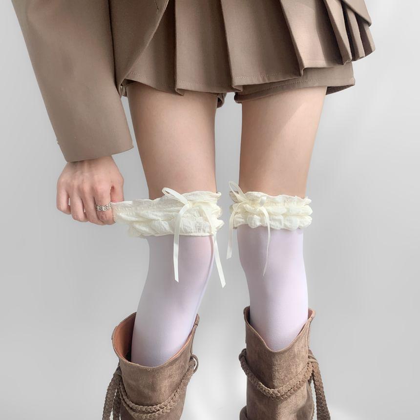 Bow Ruffle Panel Knee High Socks Product Image