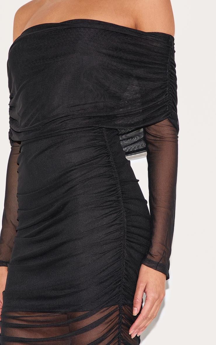 Black Mesh Overlay Long Sleeve Bardot Maxi Dress Product Image