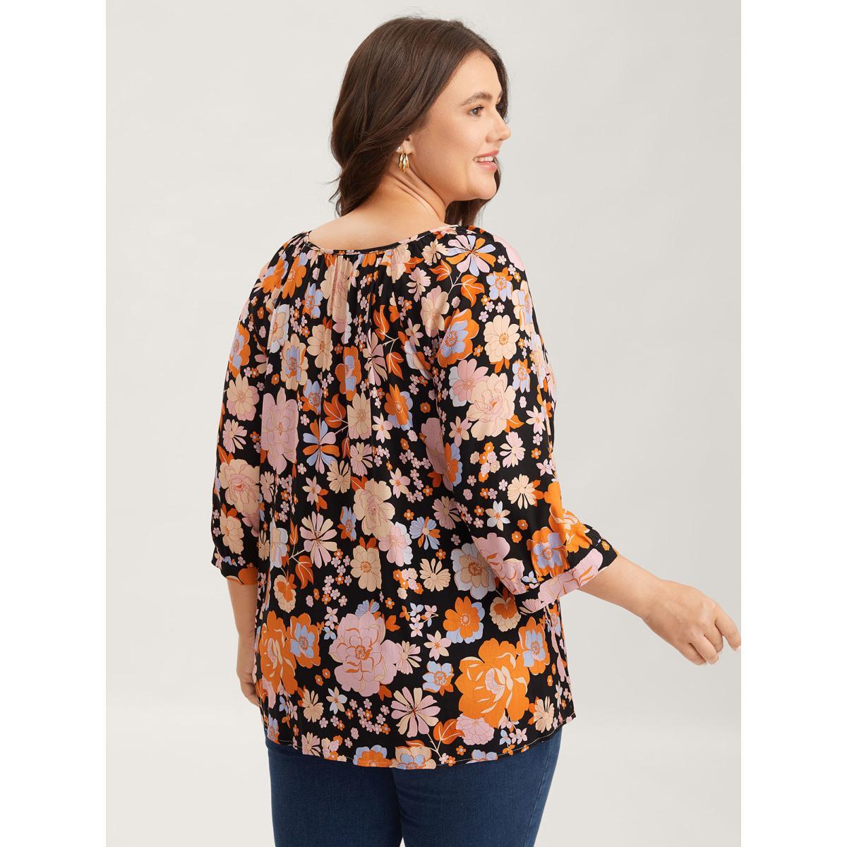 Plus Size Black Floral Textured Button Placket Blouse Women Elbow-length sleeve Round Neck Everyday-Elegant Blouses BloomChic 30/6X Product Image